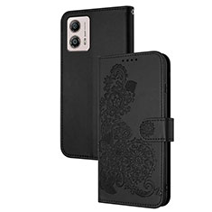 Leather Case Stands Flip Flowers Cover Holder Y01X for Motorola Moto G53y 5G Black