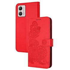 Leather Case Stands Flip Flowers Cover Holder Y01X for Motorola Moto G53y 5G Red