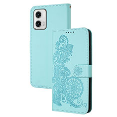 Leather Case Stands Flip Flowers Cover Holder Y01X for Motorola Moto G73 5G Mint Blue