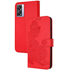 Leather Case Stands Flip Flowers Cover Holder Y01X for OnePlus Nord N300 5G Red