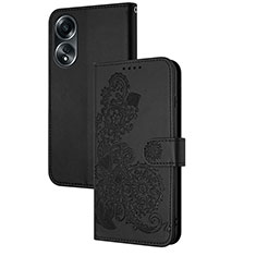 Leather Case Stands Flip Flowers Cover Holder Y01X for Oppo A18 Black