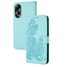 Leather Case Stands Flip Flowers Cover Holder Y01X for Oppo A38 Mint Blue