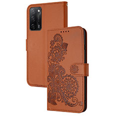 Leather Case Stands Flip Flowers Cover Holder Y01X for Oppo A55 5G Brown