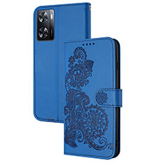 Leather Case Stands Flip Flowers Cover Holder Y01X for Oppo A77 4G Blue