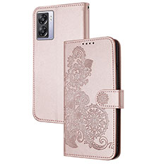 Leather Case Stands Flip Flowers Cover Holder Y01X for Oppo A77 5G Rose Gold