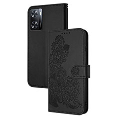 Leather Case Stands Flip Flowers Cover Holder Y01X for Oppo A77s Black