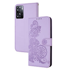 Leather Case Stands Flip Flowers Cover Holder Y01X for Oppo A77s Purple