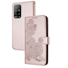 Leather Case Stands Flip Flowers Cover Holder Y01X for Oppo A94 5G Rose Gold