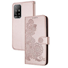 Leather Case Stands Flip Flowers Cover Holder Y01X for Oppo A95 5G Rose Gold