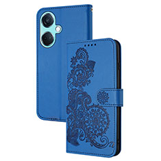 Leather Case Stands Flip Flowers Cover Holder Y01X for Oppo K11 5G Blue