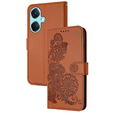 Leather Case Stands Flip Flowers Cover Holder Y01X for Oppo K11 5G Brown