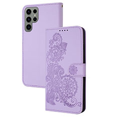 Leather Case Stands Flip Flowers Cover Holder Y01X for Samsung Galaxy S22 Ultra 5G Purple
