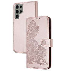 Leather Case Stands Flip Flowers Cover Holder Y01X for Samsung Galaxy S22 Ultra 5G Rose Gold