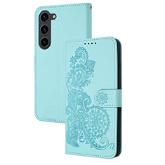 Leather Case Stands Flip Flowers Cover Holder Y01X for Samsung Galaxy S23 5G Mint Blue