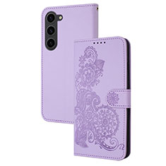 Leather Case Stands Flip Flowers Cover Holder Y01X for Samsung Galaxy S24 Plus 5G Purple