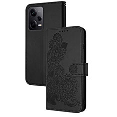 Leather Case Stands Flip Flowers Cover Holder Y01X for Xiaomi Redmi Note 12 Explorer Black