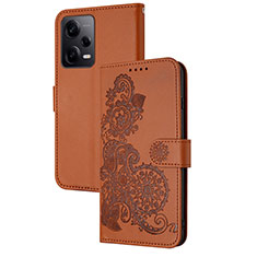 Leather Case Stands Flip Flowers Cover Holder Y01X for Xiaomi Redmi Note 12 Explorer Brown