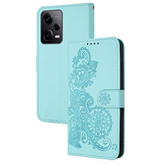 Leather Case Stands Flip Flowers Cover Holder Y01X for Xiaomi Redmi Note 12 Explorer Mint Blue