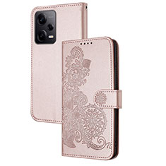 Leather Case Stands Flip Flowers Cover Holder Y01X for Xiaomi Redmi Note 12 Explorer Rose Gold