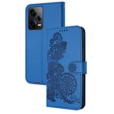 Leather Case Stands Flip Flowers Cover Holder Y01X for Xiaomi Redmi Note 12 Pro+ Plus 5G Blue