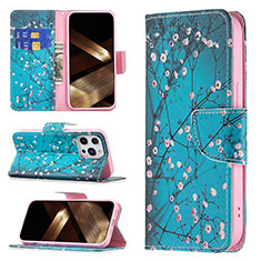 Leather Case Stands Flip Flowers Cover L02 Holder for Apple iPhone 16 Pro Max Cyan