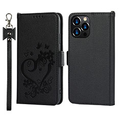 Leather Case Stands Flip Flowers Cover L16 Holder for Apple iPhone 13 Pro Black