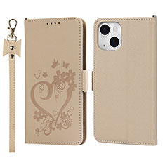 Leather Case Stands Flip Flowers Cover L16 Holder for Apple iPhone 15 Gold