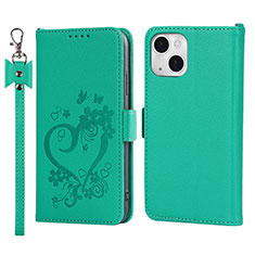 Leather Case Stands Flip Flowers Cover L16 Holder for Apple iPhone 15 Plus Green