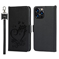 Leather Case Stands Flip Flowers Cover L16 Holder for Apple iPhone 15 Pro Black