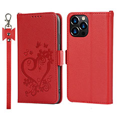 Leather Case Stands Flip Flowers Cover L16 Holder for Apple iPhone 15 Pro Red