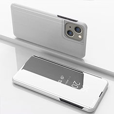 Leather Case Stands Flip Mirror Cover Holder for Apple iPhone 15 Plus Silver