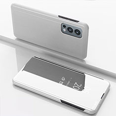 Leather Case Stands Flip Mirror Cover Holder for OnePlus Nord 2 5G Silver