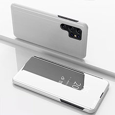 Leather Case Stands Flip Mirror Cover Holder for Samsung Galaxy S24 Ultra 5G Silver