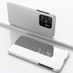 Leather Case Stands Flip Mirror Cover Holder for Xiaomi Redmi 10 India Silver