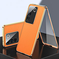 Luxury Aluminum Metal and Leather Cover Case 360 Degrees for Vivo V27e 5G Orange