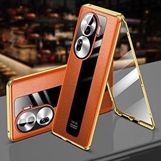 Luxury Aluminum Metal and Leather Cover Case 360 Degrees P02 for Oppo Reno11 Pro 5G Orange