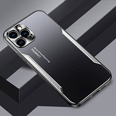 Luxury Aluminum Metal Back Cover and Silicone Frame Case JL3 for Apple iPhone 15 Pro Max Silver