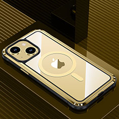 Luxury Aluminum Metal Back Cover and Silicone Frame Case with Mag-Safe Magnetic QC1 for Apple iPhone 14 Gold