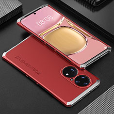 Luxury Aluminum Metal Cover Case 360 Degrees for Huawei P50 Silver and Red