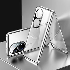 Luxury Aluminum Metal Frame Mirror Cover Case 360 Degrees for Huawei P50 Silver