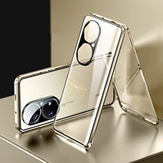 Luxury Aluminum Metal Frame Mirror Cover Case 360 Degrees for Huawei P50e Gold