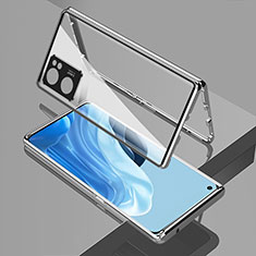 Luxury Aluminum Metal Frame Mirror Cover Case 360 Degrees for Oppo Reno7 SE 5G Silver