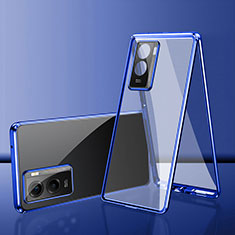 Luxury Aluminum Metal Frame Mirror Cover Case 360 Degrees for Vivo Y35 5G Blue