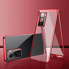 Luxury Aluminum Metal Frame Mirror Cover Case 360 Degrees for Vivo Y35 5G Red