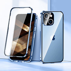 Luxury Aluminum Metal Frame Mirror Cover Case 360 Degrees LK1 for Apple iPhone 15 Plus Blue