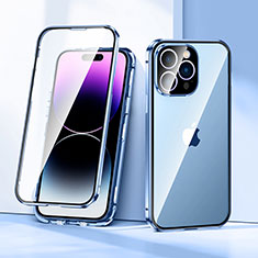 Luxury Aluminum Metal Frame Mirror Cover Case 360 Degrees LK2 for Apple iPhone 14 Pro Max Blue