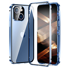 Luxury Aluminum Metal Frame Mirror Cover Case 360 Degrees LK2 for Apple iPhone 15 Blue