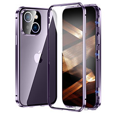 Luxury Aluminum Metal Frame Mirror Cover Case 360 Degrees LK2 for Apple iPhone 15 Plus Purple