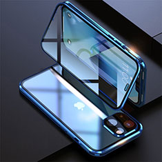 Luxury Aluminum Metal Frame Mirror Cover Case 360 Degrees M08 for Apple iPhone 14 Plus Blue