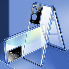 Luxury Aluminum Metal Frame Mirror Cover Case 360 Degrees P01 for Vivo Y35 5G Blue